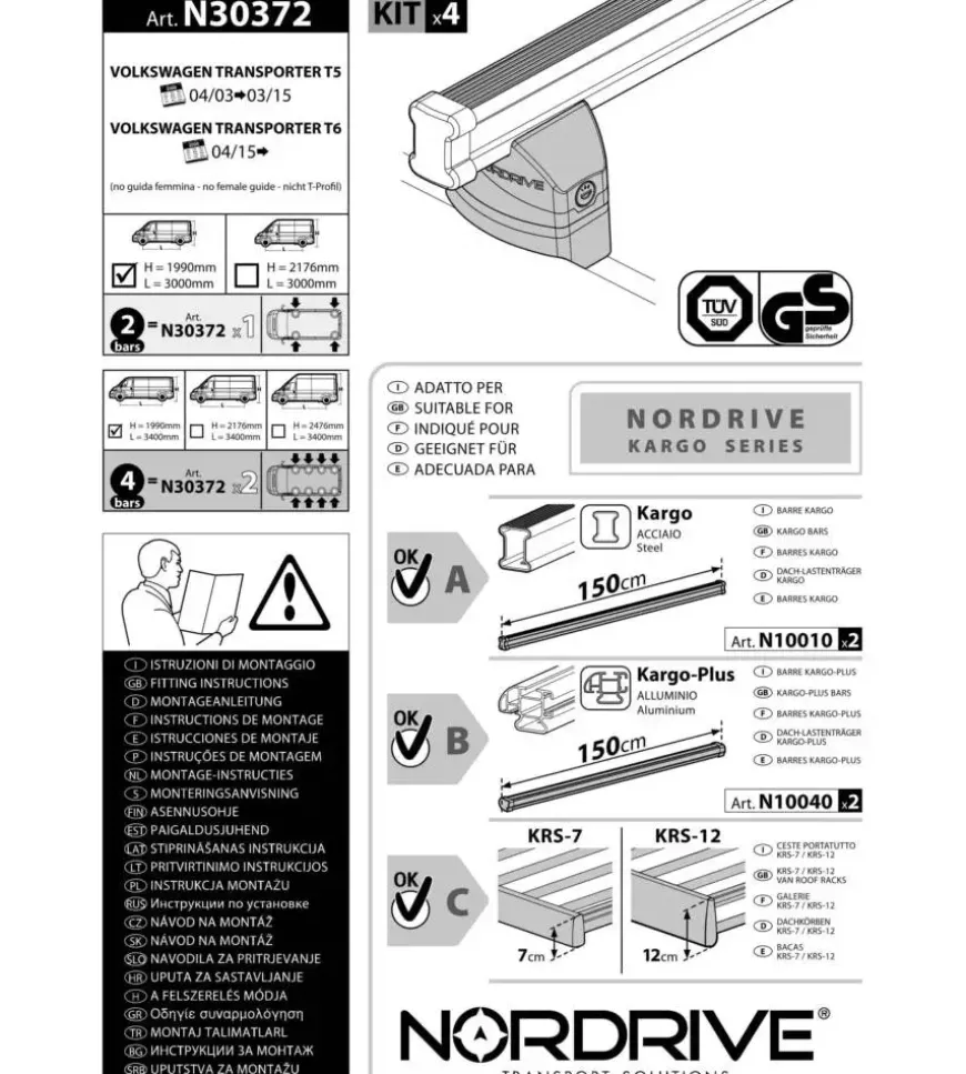 Kit attacchi per barre auto portatutto volkswagen transporter t5 03>15 trans n30372