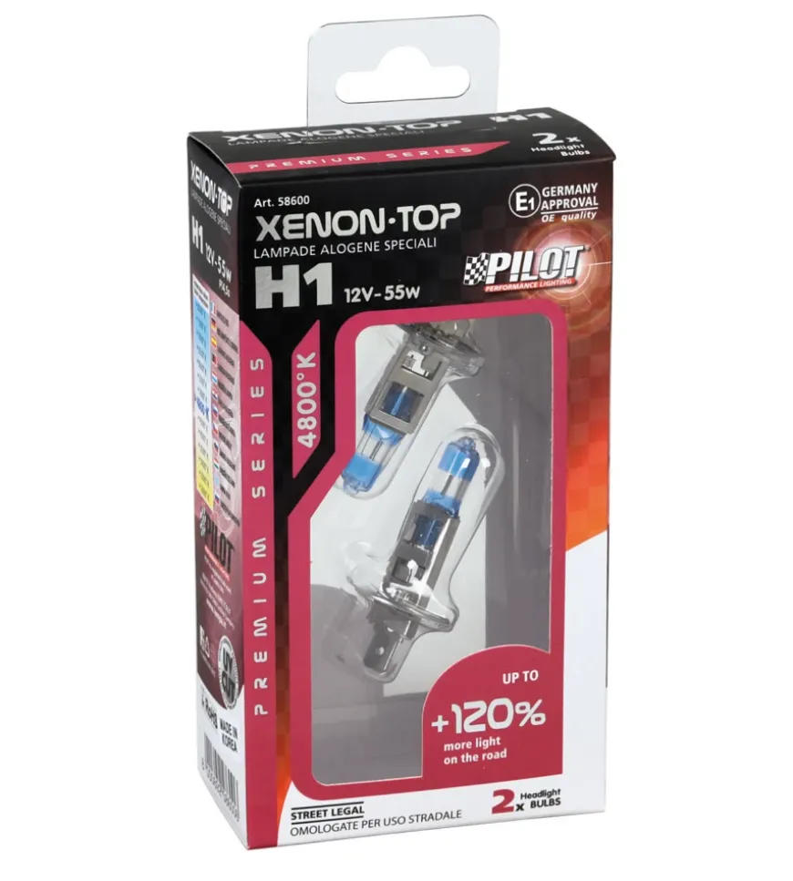 Lampada alogena 12v xenon top +120% luce - h1 - 55w - p14,5s - 2 pz - scatola 58600