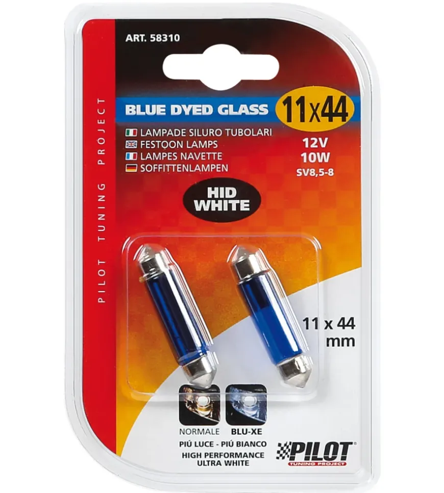 Lampada siluro blue dyed glass 12v - 11x44 mm - 10w - sv8,5-8 - 2 pz - d/blister 58310