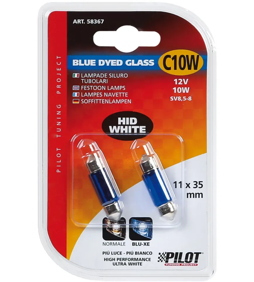 Lampada siluro blue dyed glass 12v - (c10w) - 11x35 mm - 10w - sv8,5-8 - 2 pz - blister 58367