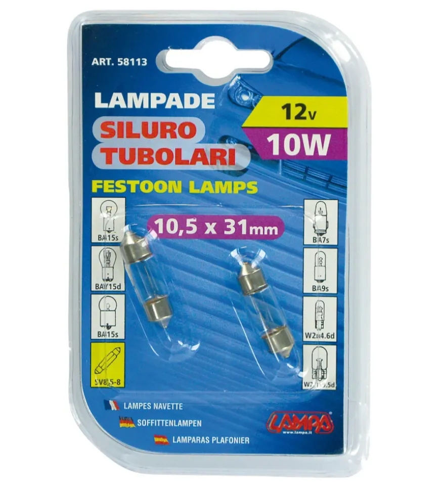 Lampada siluro 12v - 11x31 mm - 10w - sv8,5-8 - 2 pz - d/blister 58113