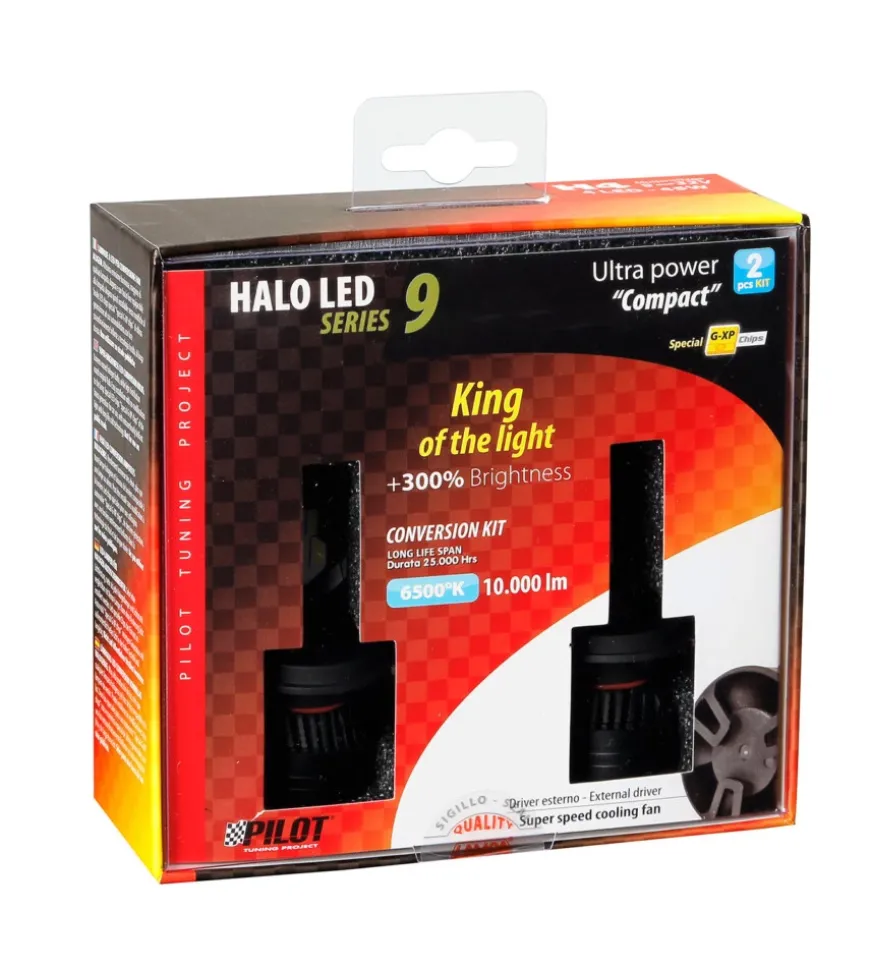 Lampade led per auto 9-32v halo led serie 9 ultra power compact - (h4) - 45w - p43t - 2 pz - scatola 57763